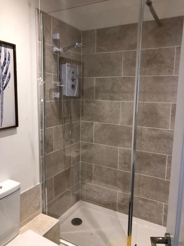 a shower with a glass door in a bathroom at The Grey Cottage in Blackford