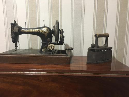 a statue of a sewing machine sitting on a table at Old Tiraspol Hostel in Tiraspol