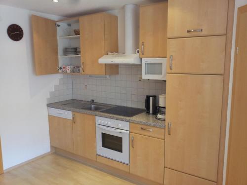 cocina con armarios de madera, fregadero y nevera en Appartement Lea, en Umhausen