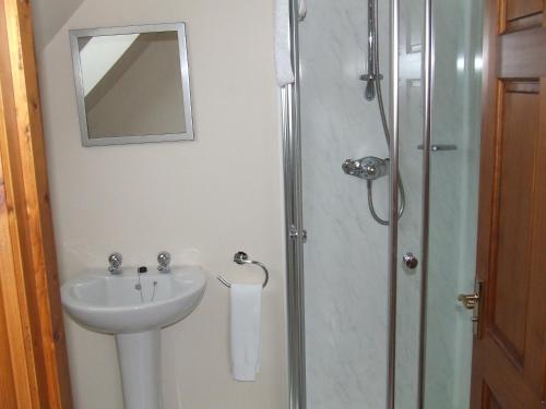 a bathroom with a sink and a shower with a mirror at Garbhein Bed & Breakfast in Kilmelfort