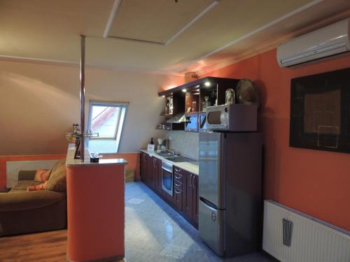a kitchen with orange walls and a refrigerator at Bajor Panzió Bük-Bükfürdő, Adults Friendly 12 Plus in Bük