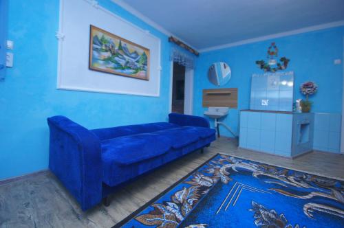 ラーゼシュチュナにあるАня Ромаの青いリビングルーム(青いソファ、ラグ付)