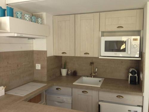 a kitchen with a sink and a microwave at 18 Rue de la Corvette in Saint-Palais-sur-Mer