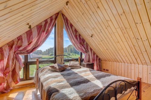 - une chambre avec un lit dans une pièce dotée d'une fenêtre dans l'établissement Country house Stirnamis, à Mindūnai