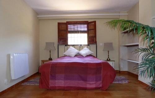 1 dormitorio con 1 cama con manta morada y ventana en B&B Lasnavillasmm en Montefrío