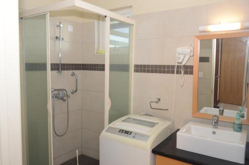 ein Bad mit einer Dusche, einem WC und einem Waschbecken in der Unterkunft Résidence Les Peupliers in Flic-en-Flac