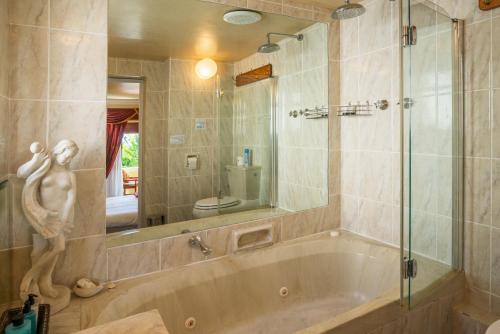 a bathroom with a tub with a shower and a mirror at Stadium Guest House in Cape Town