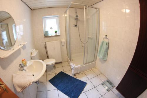 CaldenにあるRuhige und gemütliche Ferienwohnung in Caldenのバスルーム(シャワー、トイレ、シンク付)