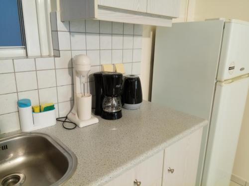 Una encimera de cocina con un fregadero y una licuadora. en Alkiviadis Apartments Artemida, en Artemida