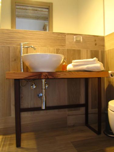 a bathroom with a sink and a mirror at CasAlpAca B&B con sauna a Prali in Prali Villa