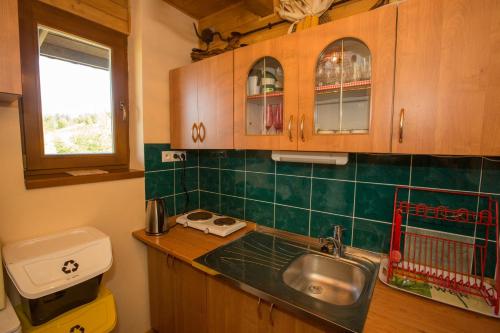 una pequeña cocina con fregadero y ventana en Chalet Veľké Ostré, en Radola