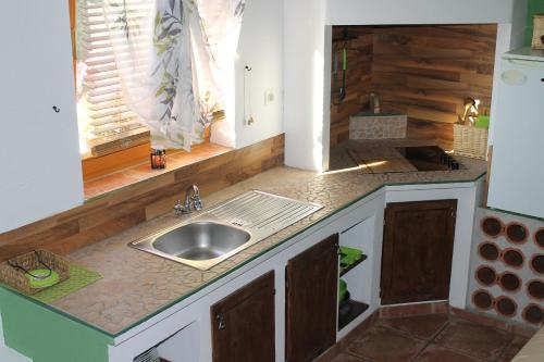 a kitchen with a sink and a counter top at Apartments Banovci in Banovci