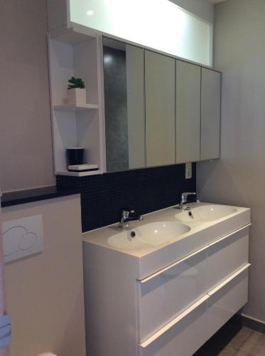 a bathroom with a white sink and a mirror at Ter Ename n°1 in Ename