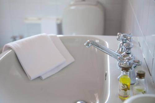 un lavandino in bagno con rubinetto e una bottiglia di sapone di Hotel Le Rotonde a Massaciuccoli