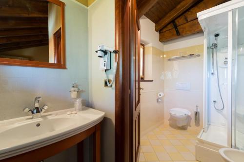 Mortegliano的住宿－達南多酒店，一间带水槽、淋浴和卫生间的浴室