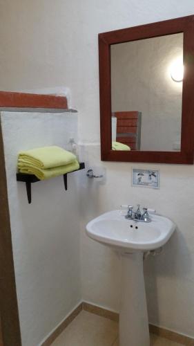 a bathroom with a sink and a mirror at Hotel Faroazul RNT12633 in Santa Rosa de Cabal