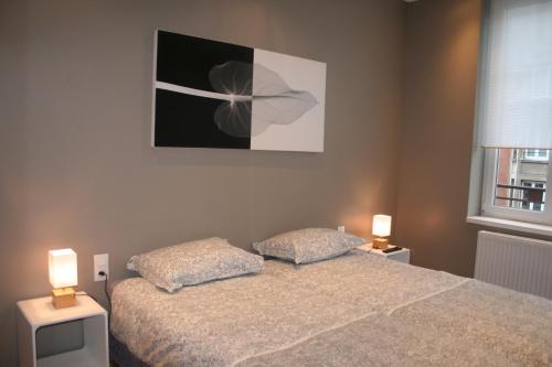 a bedroom with a bed with two pillows on it at Appt Hotel republique in Lille
