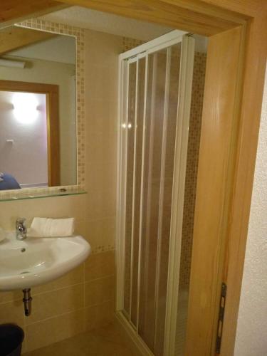a bathroom with a shower and a sink and a mirror at Ciasa Savoy in Vigo di Fassa