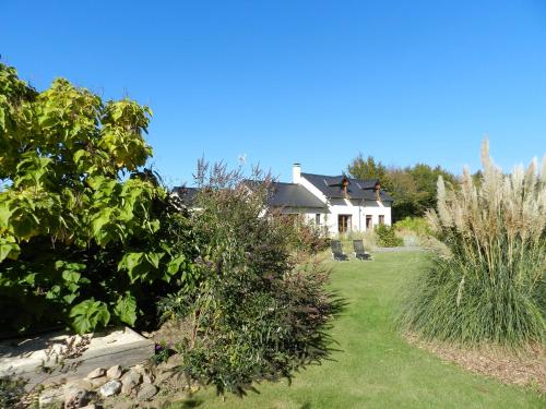 a white house with a yard with some bushes at Gîte La Grenouillère in Esquéhéries