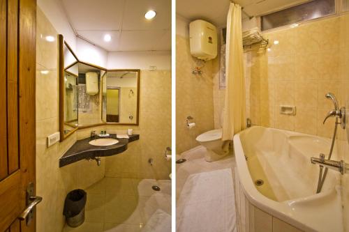 two pictures of a bathroom with a sink and a tub at The Orchard Greens in Manāli