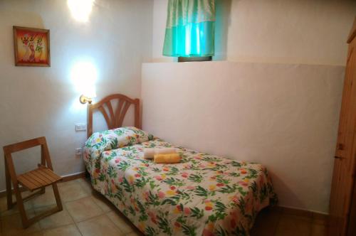 ベガ・デ・サン・マテオにあるChalet Ruta Las Lagunetasの小さなベッドルーム(ベッド1台、椅子付)