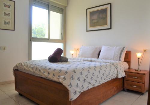 Un dormitorio con una cama con un animal de peluche encima. en Jaffa Experience Home, en Tel Aviv