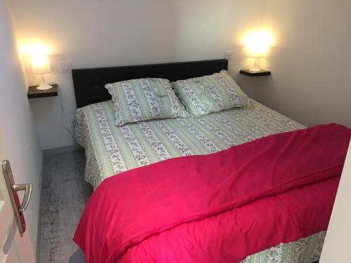 um quarto com uma cama rosa e 2 candeeiros em Là Grange em Parisot