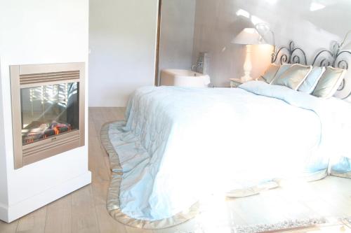 a bedroom with a large bed and a fireplace at Restaurant Hotel Merlet in Schoorl