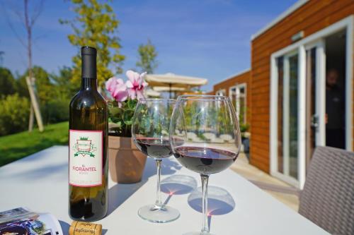 a bottle of wine and two glasses on a table at Agriturismo B&B Corte Tonolli in Valeggio sul Mincio