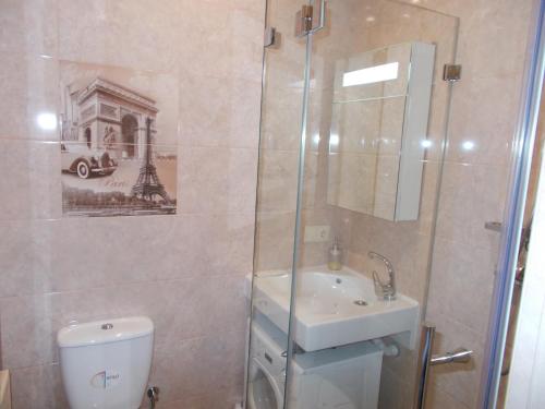 a bathroom with a toilet and a sink and a shower at Apartment near the Forum mall in Lviv
