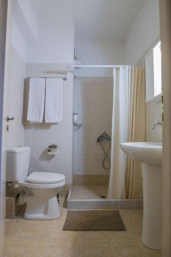 Un baño con inodoro, ducha y lavabo. en Faris Hotel, en Xirokámbion