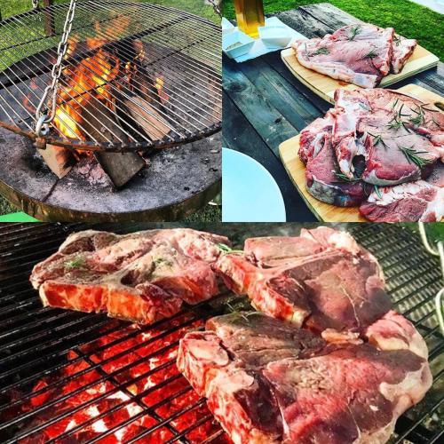 a group of four pictures of meat cooking on a grill at R&B Locanda Le Bighe in Cona