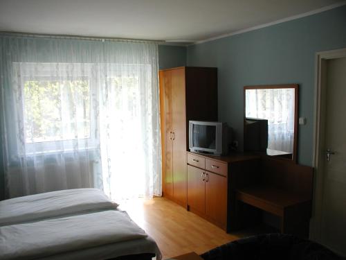 1 dormitorio con 1 cama, TV y ventana en Lila Ház en Harkány