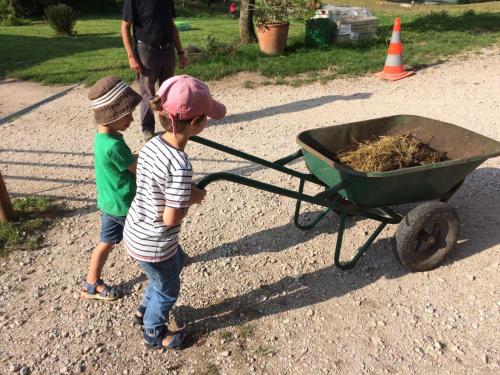 two young boys are pulling a wheelbarrow full of hay at Gîte du Mont Gérard in La Lanterne-et-les-Armonts