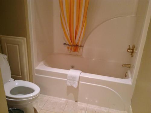 ein Badezimmer mit einem WC und einer Badewanne mit einem orangenen Vorhang in der Unterkunft Winton Inn & Suites in Barnwell