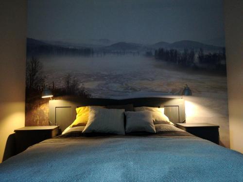 a bedroom with a bed with a painting on the wall at Postaláda vendégház in Salföld
