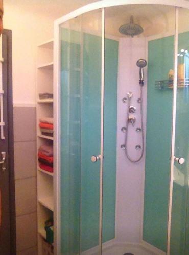 une douche avec une porte vitrée dans une salle de bain dans l'établissement APPARTEMENT TOUT CONFORT AVEC PARKING FERMÉ, à Arles