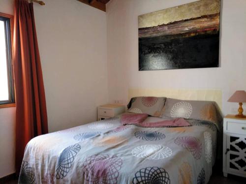 1 dormitorio con 1 cama y una pintura en la pared en La Hacienda BuenVivir - Apartamentos, en Los Llanos de Aridane