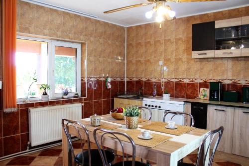 cocina con mesa de madera y sillas en una habitación en Collosal Apartment with Garden, en Bucarest