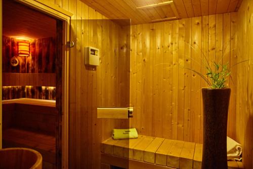 a wooden bathroom with a shower with a plant in it at Butik Design Rooms in Abádszalók