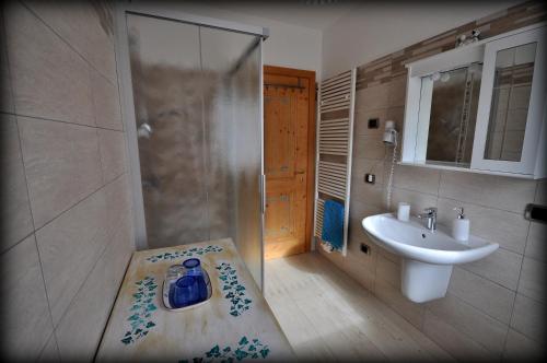 a bathroom with a sink and a shower with a blue jug at Camere Nordest Sudest- Conca Agordina in Agordo