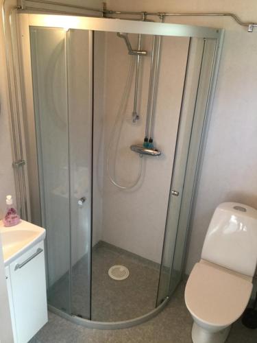 eine Dusche im Bad mit WC und Waschbecken in der Unterkunft Holiday Home near Norrköping in Skärblacka
