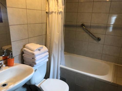 łazienka z toaletą, umywalką i wanną w obiekcie Alpes Hotel w mieście Pucón