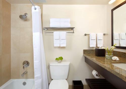a bathroom with a toilet and a shower and a sink at Park Shore Waikiki in Honolulu