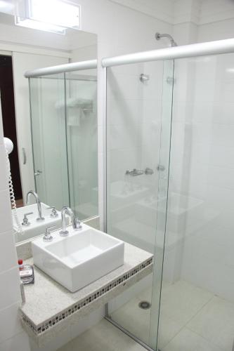 a bathroom with a sink and a glass shower at Hotel Kehdi Plaza in Barretos