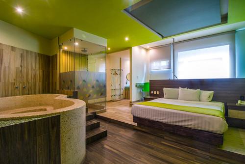 1 dormitorio con 1 cama y bañera en una habitación en Hotel y Villas Natura en Ciudad de México