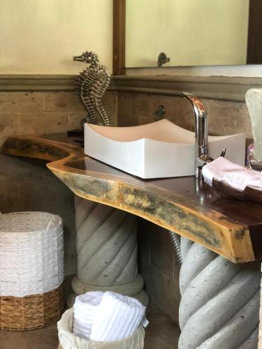 a bathroom with a sink on a wooden counter at Casa Miura Hotel Boutique in Ajijic