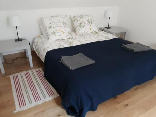 een slaapkamer met een bed met een blauwe deken en 2 tafels bij Gîte De Serre in Le Grand-Pressigny