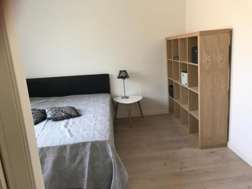ein Schlafzimmer mit einem Bett, einem Tisch und einem Bücherregal in der Unterkunft B&B Apartment Rødekro in Rødekro