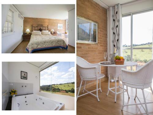 two pictures of a bedroom with a bed and a table at Pousada Princesa Do Vale in Belo Vale